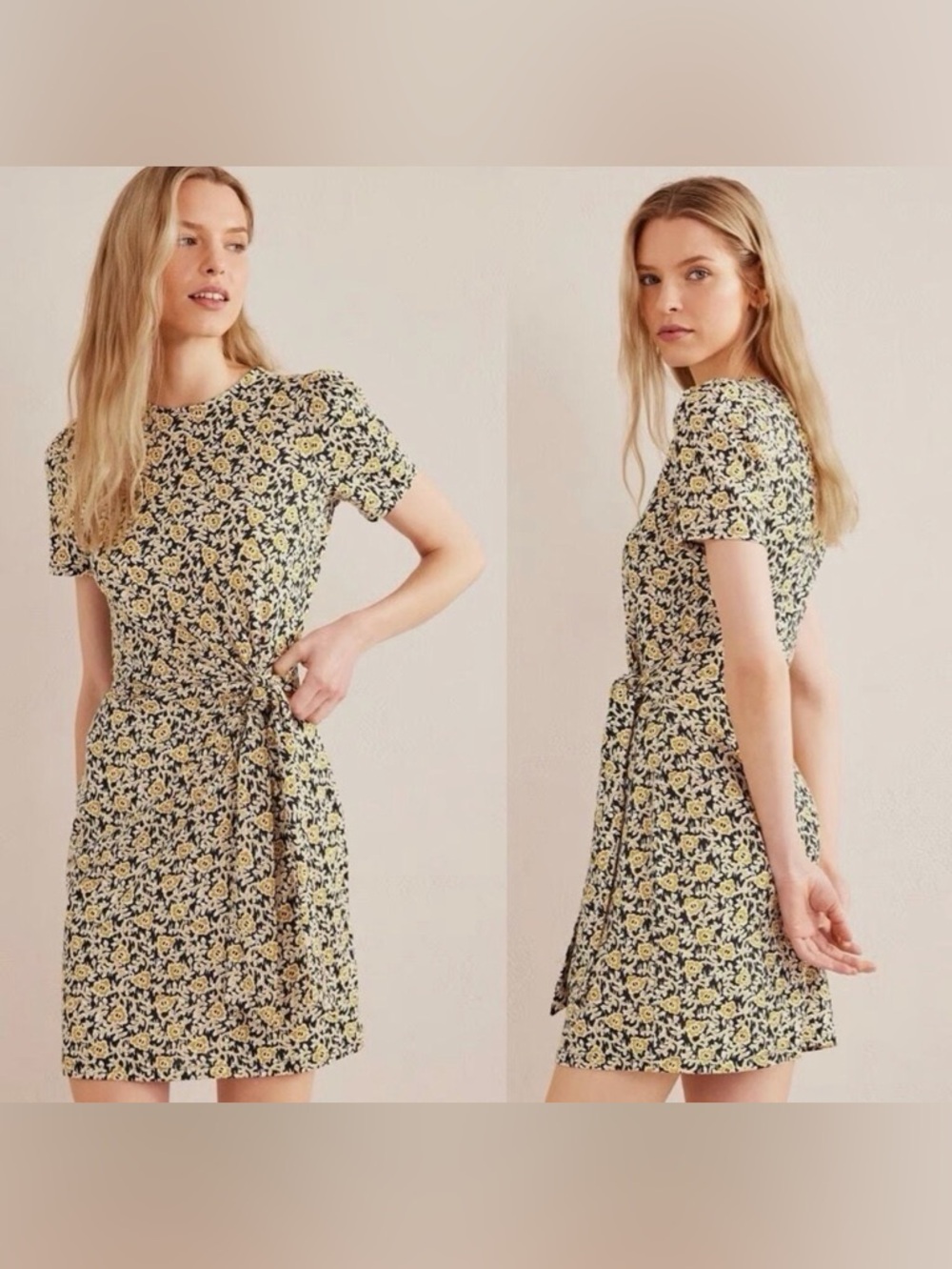 Boden Floral Tie Detail Dress Mustard Yellow Charcoal Black Ivory Semi Fitted 6